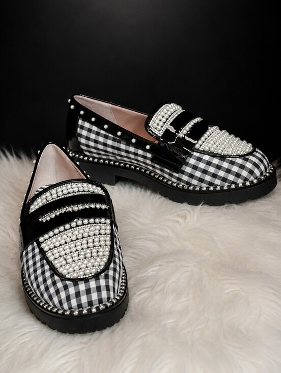 Betsey Johnson Shoes - Betsey Johnson Darian Gingham Embellished Loafers Black & White Women Size 7